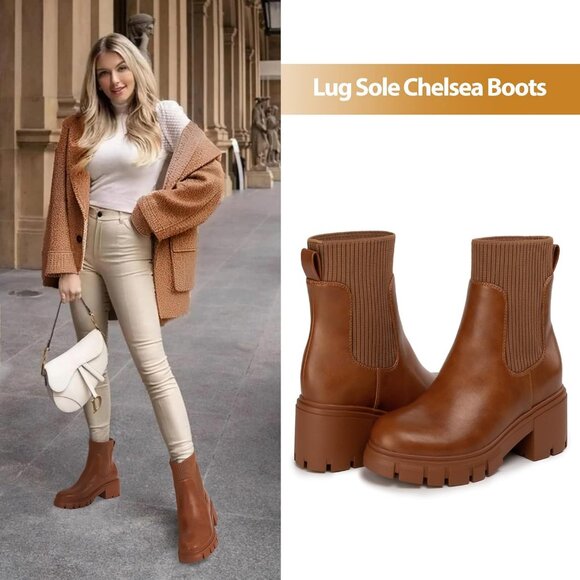 Women Tan Suede Low Wedge Heel Slip On Chunky Platform Chelsea Ankle Boots - Picture 2 of 6